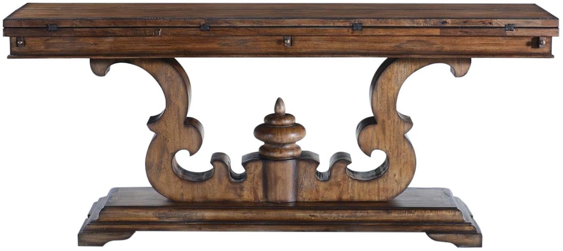 Rustic Pecan Flip-Top Sofa Table: Rustic Pecan Flip-Top Sofa Table Introducing the Rustic Pecan Flip-Top Console Table, a stunning addition to your home decor. This table features a beautifully carved design with a flip-top scroll ped