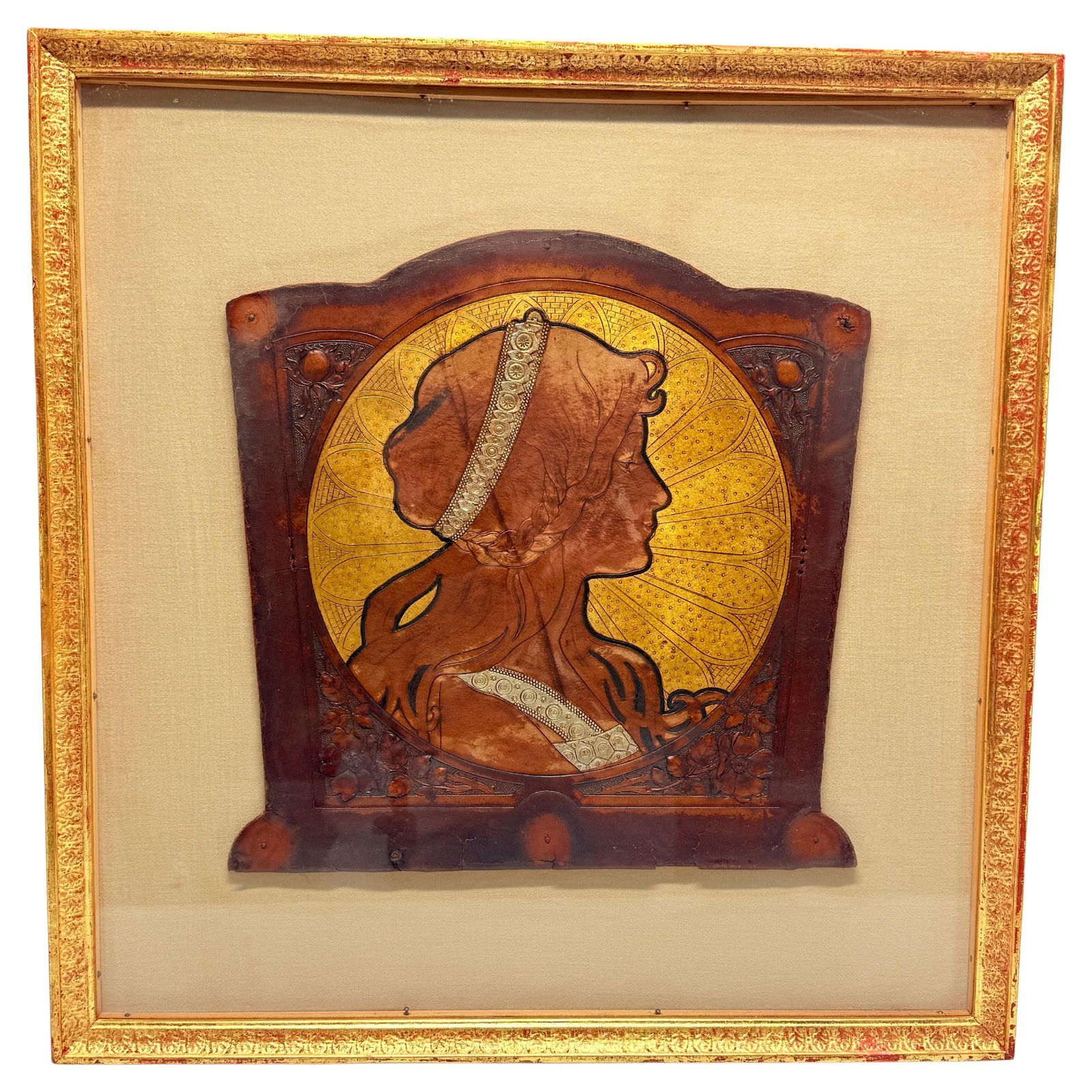 Alphonse Mucha Art Nouveau Leather Panel 1900 Woman Profile Giltwood Frame: Alphonse Mucha Art Nouveau Leather Panel 1900 Woman Profile Giltwood Frame This exquisite leather panel showcases a romanticized female figure in profile, attributed to the renowned artist Alphonse Mu