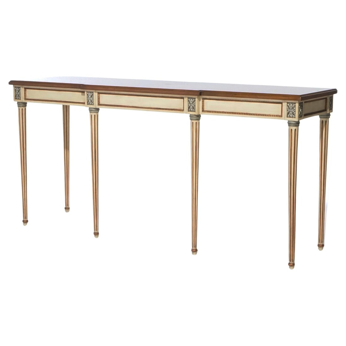 Louis XVI Style Polychrome Satinwood Console Sofa Table 20th Century: Louis XVI Style Polychrome Satinwood Console Sofa Table 20th Century This exquisite Louis XVI style console or sofa table showcases a beautifully shaped, beveled, and bookmatched satinwood top, elegan