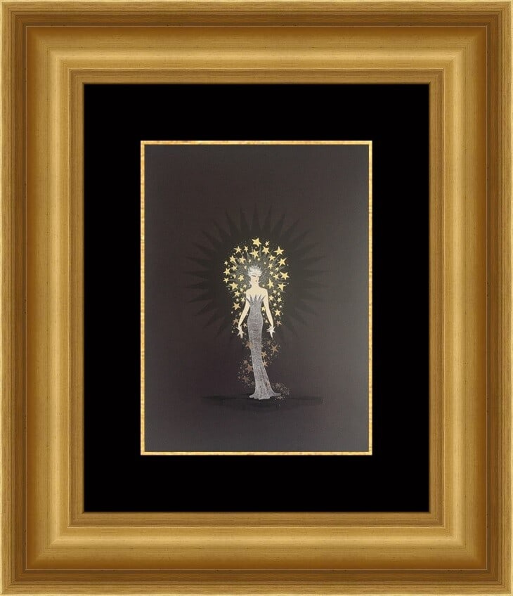 Erte Starstruck Art Deco Custom Framed Lithograph 18 x 21: Erte Starstruck Art Deco Custom Framed Lithograph 18 x 21 This stunning custom framed print titled "Starstruck" by Erte showcases a captivating Art Deco style featuring figures. Produced using offset