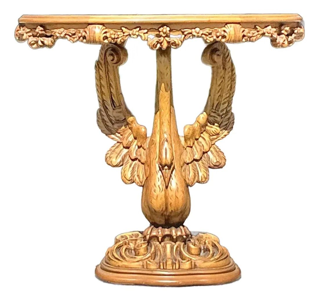 Vintage Boho Hand Carved Swan Demilune Console Table: Vintage Boho Hand Carved Swan Demilune Console Table Add a whimsical touch to your home with this vintage Boho hand-carved swan demilune table. The centerpiece of this captivating console table is its