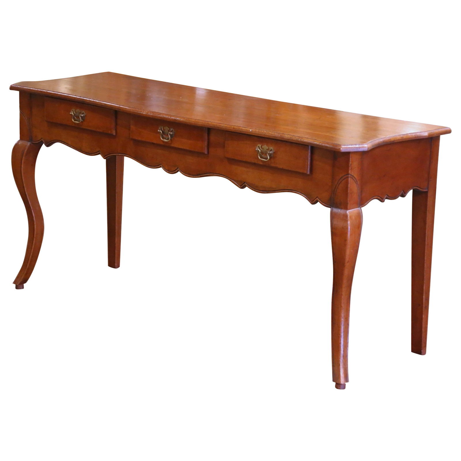 Antique Louis XV Walnut Console Table with Three Drawers: Antique Louis XV Walnut Console Table with Three Drawers Elevate your home decor with this exquisite Early 20th Century French Louis XV Carved Walnut Three-Drawer Console Table. Crafted in southern Fr