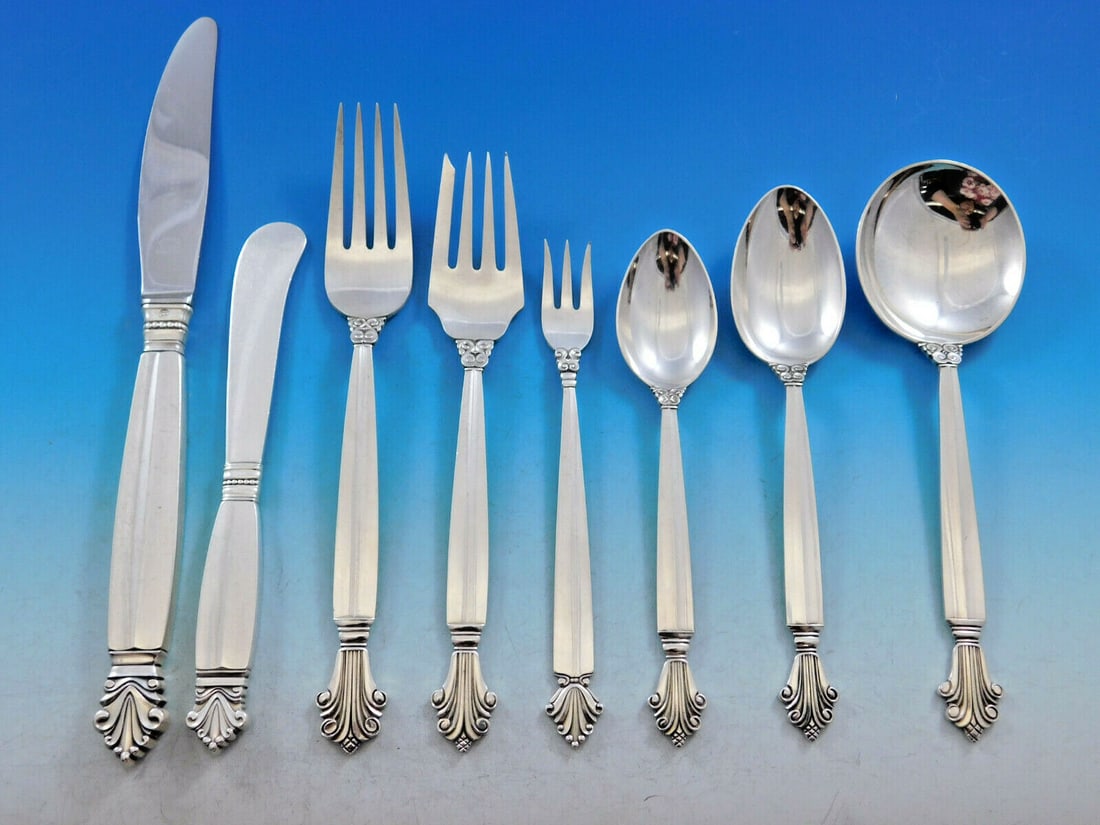 Georg Jensen Acanthus Sterling Silver Flatware Set 104 pcs for 12: Georg Jensen Acanthus Sterling Silver Flatware Set 104 pcs for 12 Elevate your dining experience with this exquisite Acanthus Sterling Silver Flatware Set by Georg Jensen, designed by Johan Rohde in 1