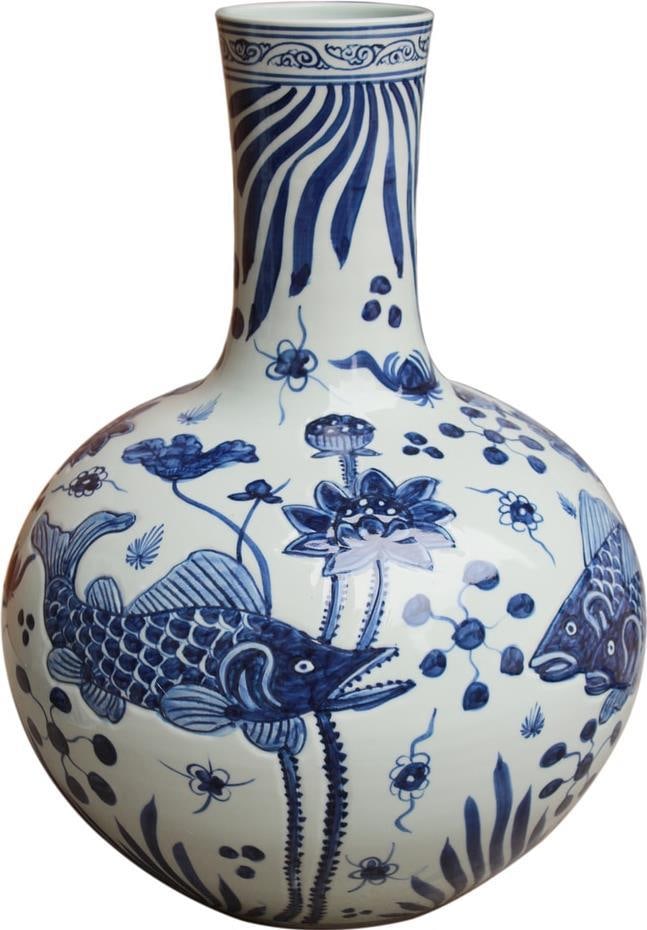 Chinese Style Handmade Ceramic Vase 21.50H with Fish Design: Chinese Style Handmade Ceramic Vase 21.50H with Fish Design This exquisite ceramic vase features an intricate fish design, showcasing a unique Chinese style. Handmade and carved, it reflects artistry