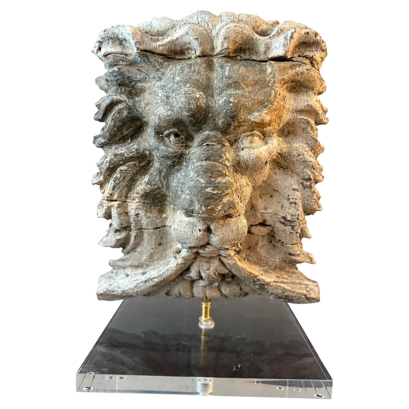 19th Century Baroque Pine Lion's Head Fragment on Lucite Base: 19th Century Baroque Pine Lion's Head Fragment on Lucite Base This 19th-century architectural fragment features a beautifully carved pine lion's head, showcasing exceptional artistry typical of the Ba
