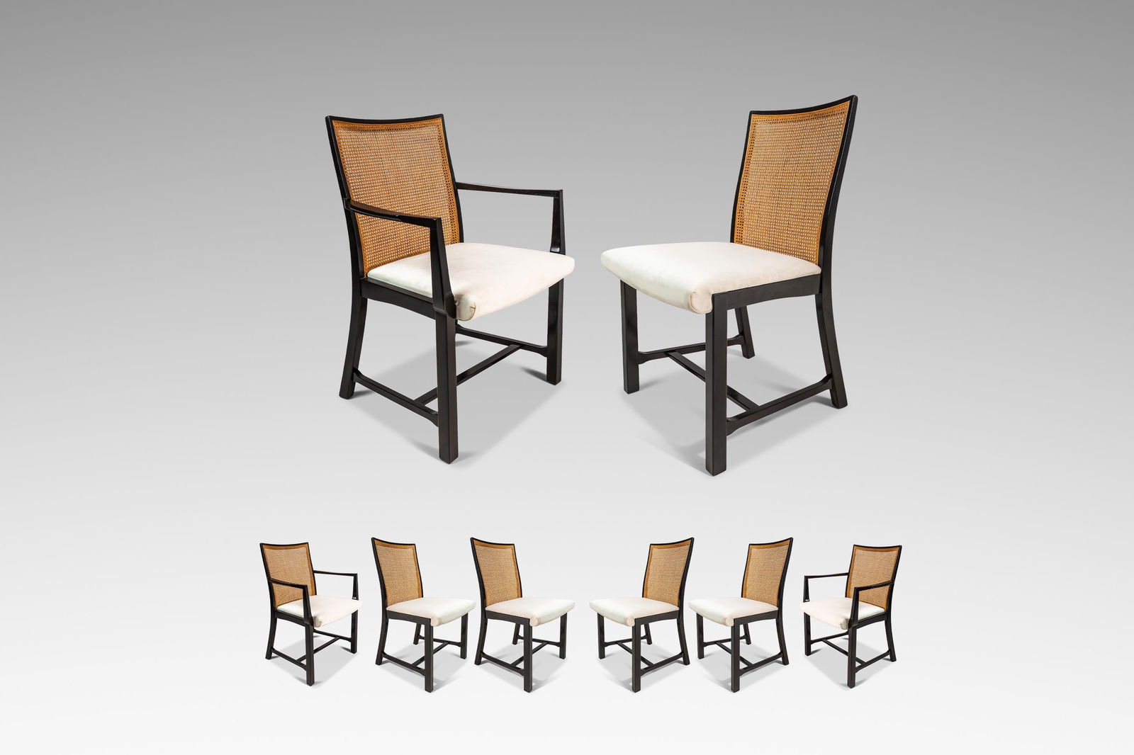Mid-Century Modern Set of 6 Ebony Lacquered Dining Chairs by Michael Taylor: Mid-Century Modern Set of 6 Ebony Lacquered Dining Chairs by Michael Taylor This exceptional set of six dining chairs, designed by Michael Taylor for Baker Furniture in the 1960s, features four side c
