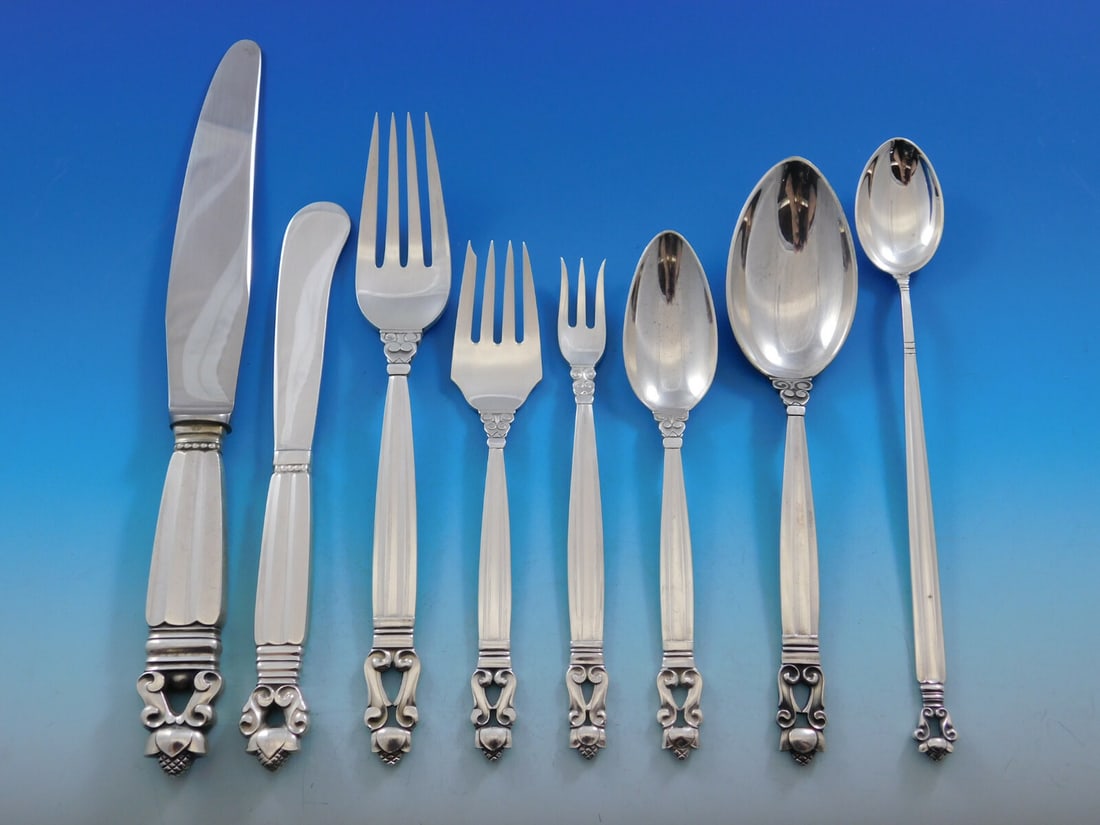 Georg Jensen Acorn Sterling Silver Flatware Set 48 Pieces by Johan Rohde: Georg Jensen Acorn Sterling Silver Flatware Set 48 Pieces by Johan Rohde This stunning Acorn flatware service by Georg Jensen showcases a beautiful sterling silver construction, reflecting a natural t