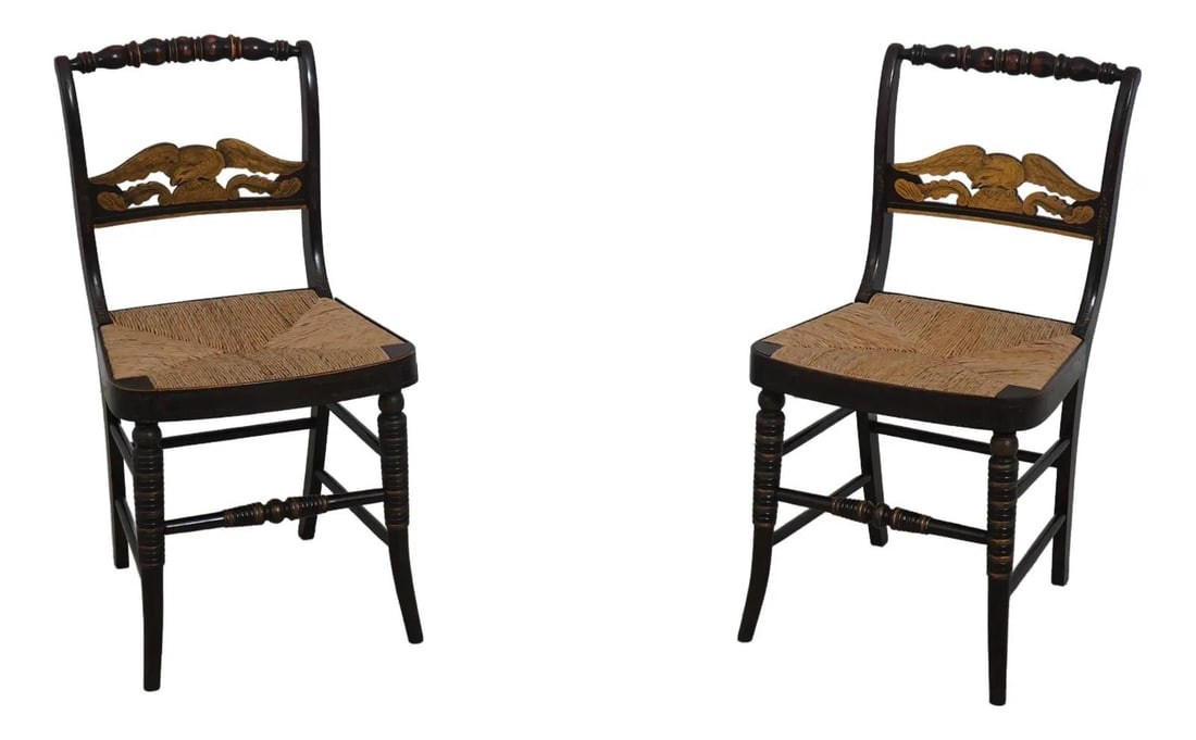 Antique Hitchcock Style Liberty Eagle Chairs C.1820-1860 Gold Decoration: Antique Hitchcock Style Liberty Eagle Chairs C.1820-1860 Gold Decoration This exquisite pair of antique Hitchcock style Liberty Eagle painted chairs dates back to approximately 1820-1860. They feature