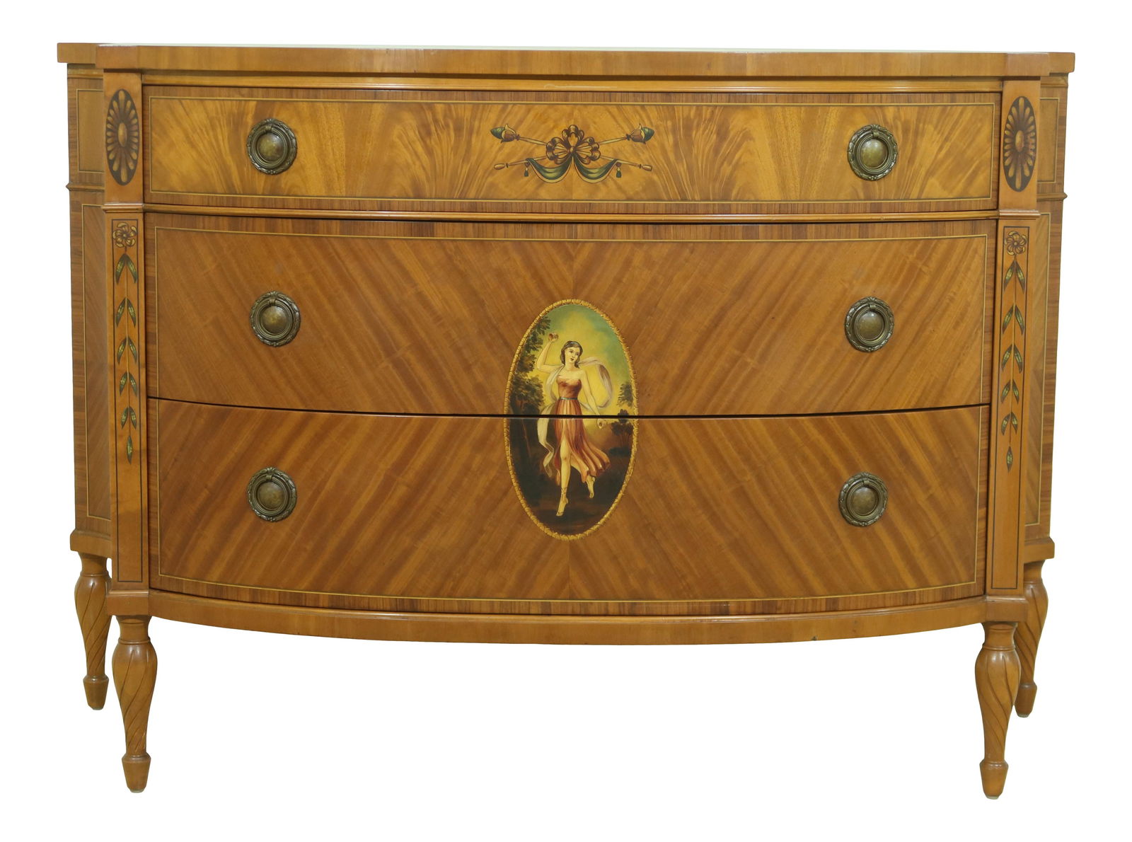 Robert Irwin 1930s Satinwood Commode Chest with Hand-Painted Portrait: Robert Irwin 1930s Satinwood Commode Chest with Hand-Painted Portrait This exquisite Robert Irwin commode chest, crafted in the 1930s, showcases a stunning hand-painted decoration featuring a portrait