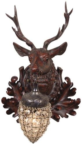Regal Stag Wall Sconce Lodge Style Oxblood Red 15H 9.5W 7D: Regal Stag Wall Sconce Lodge Style Oxblood Red 15H 9.5W 7D Illuminate your lodge with this exquisite Regal Stag Wall Sconce. Crafted from durable resin, this stunning piece features a hand-cast and ha