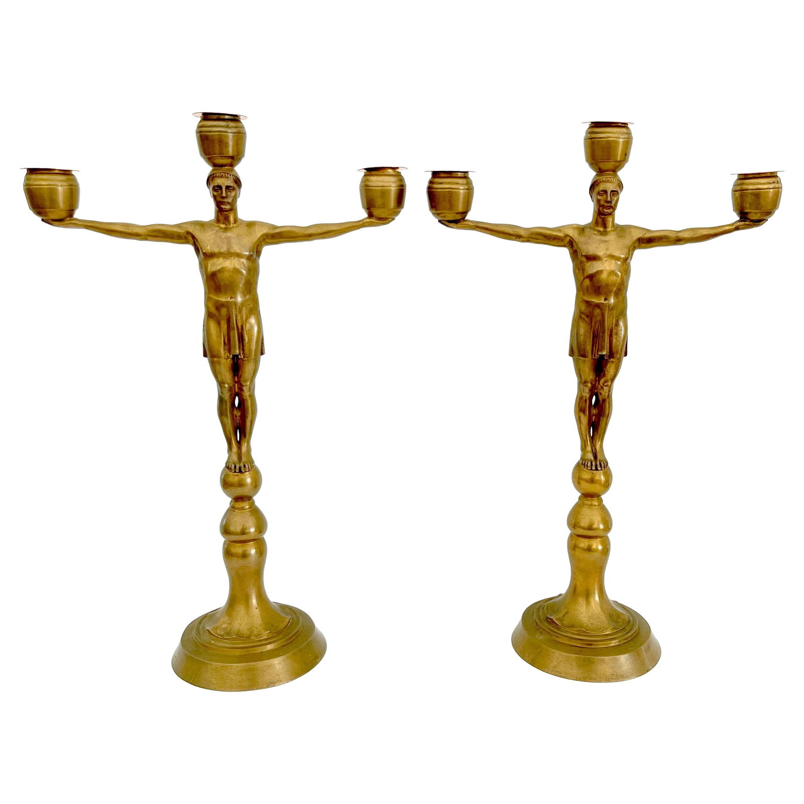 Hans Harry Liebmann Art Deco Bronze Candelabra Set of 2 Greco-Roman Style: Hans Harry Liebmann Art Deco Bronze Candelabra Set of 2 Greco-Roman Style This remarkable pair of Art Deco Bronze Draped Male Greco-Roman Candelabra, crafted by the esteemed German artist Hans Harry L
