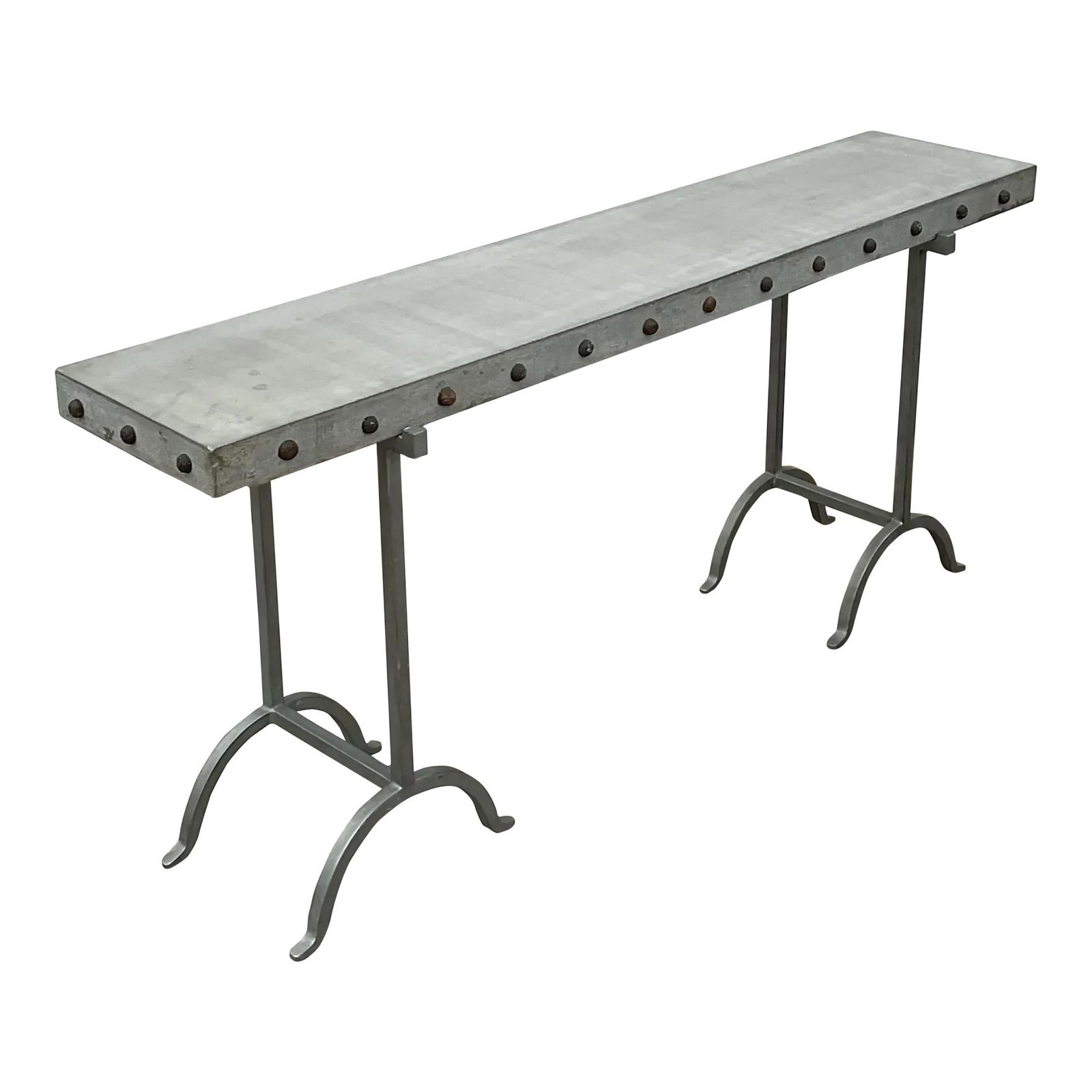 Vintage Boho Console Table with Nailhead Detail in Gray: Vintage Boho Console Table with Nailhead Detail in Gray This Vintage Boho Nailhead Plaster Console Table makes a bold statement in any setting. It features a striking plaster finish with intricate nai