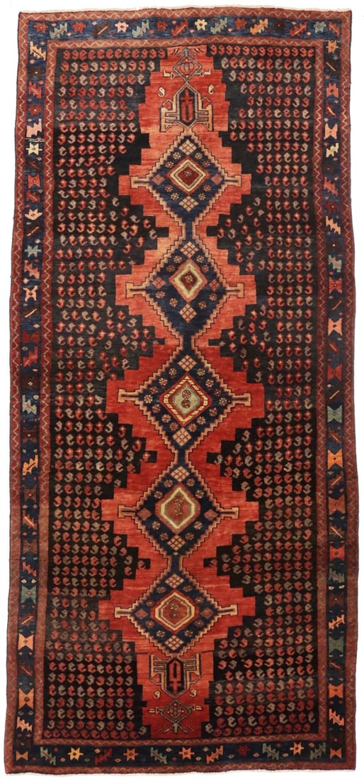 Vintage 1950s Hand-Knotted Tribal Runner Rug 9'4 x 4'1 Rusty Red Wool: Vintage 1950s Hand-Knotted Tribal Runner Rug 9'4 x 4'1 Rusty Red Wool Enhance your space with this Semi-Antique Tribal Wide Runner Rug, featuring a captivating blend of muted colors including rusty re