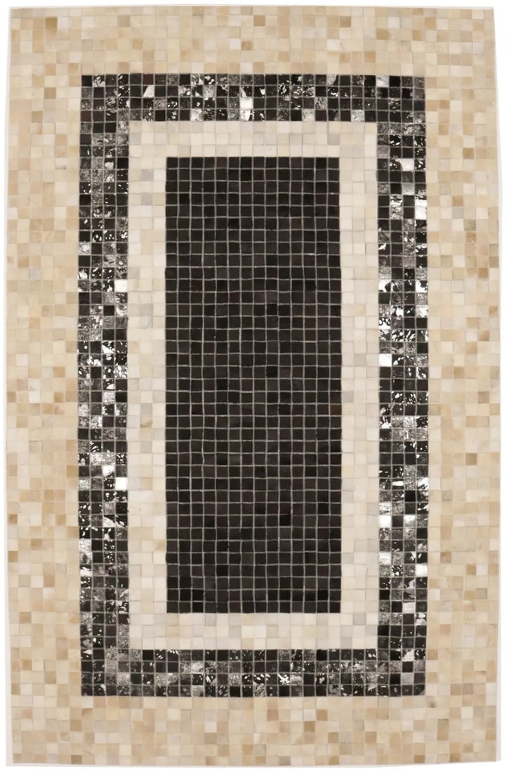 Handmade 5' x 8' Black Cowhide Leather Area Rug Modern Geometric Design: Handmade 5' x 8' Black Cowhide Leather Area Rug Modern Geometric Design Enhance your living space with this exquisite 5'0" x 8'0" area rug, crafted from rare black cowhide leather. The modern geometri