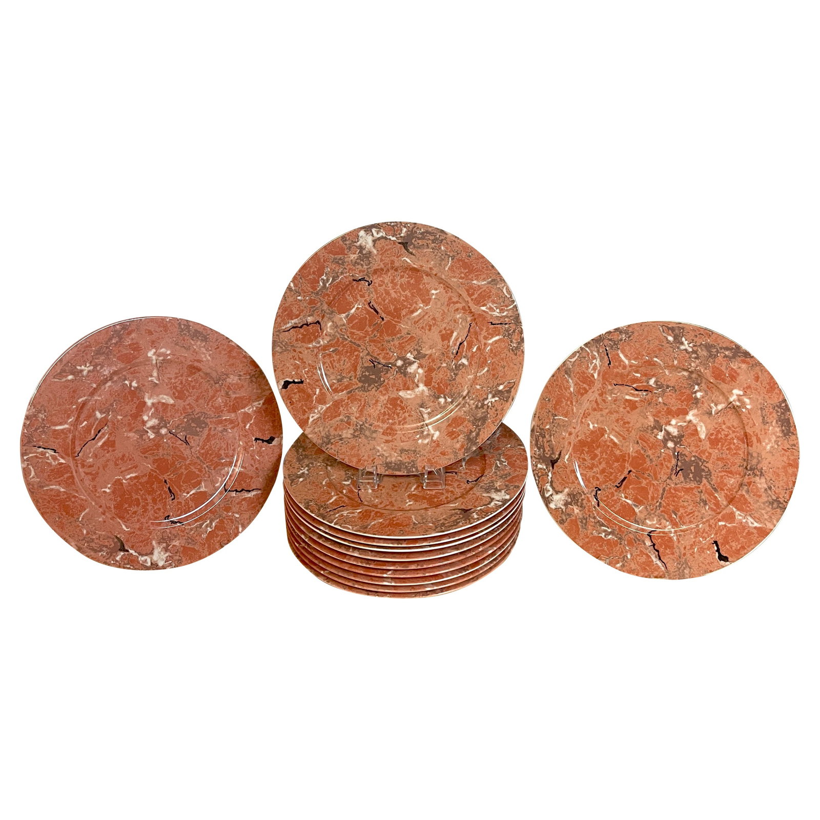 Villeroy & Boch Luxembourg Coral Marble Plates Set of 12: Villeroy & Boch Luxembourg Coral Marble Plates Set of 12 This set of twelve exquisite porcelain service plates by Villeroy & Boch features the captivating 'Luxembourg' Coral Marble Pattern. Each plate