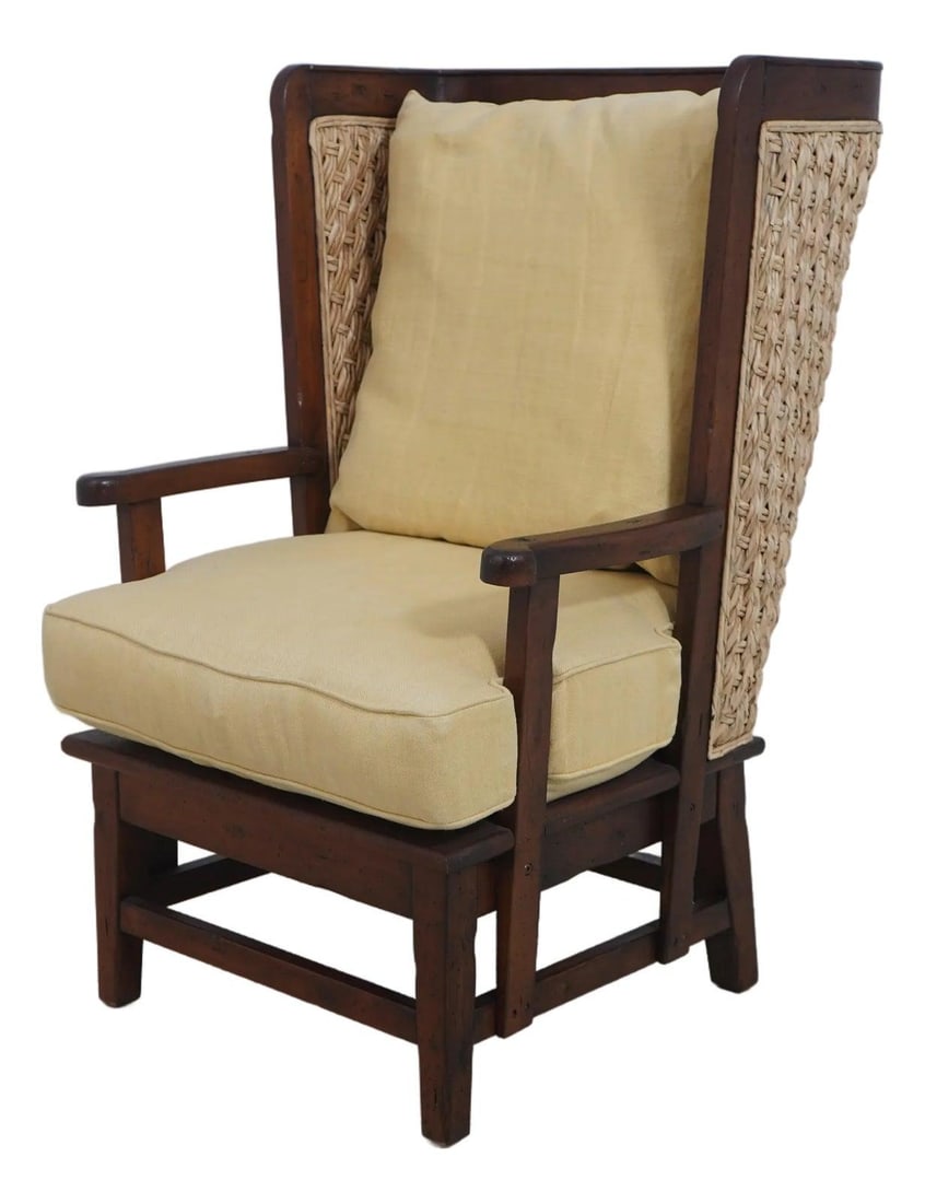 Henredon Ralph Lauren Mahogany Wing Chair with Wicker Back: Henredon Ralph Lauren Mahogany Wing Chair with Wicker Back This exquisite Henredon Ralph Lauren Mahogany Wicker Back Wing Chair showcases fine craftsmanship and high-quality construction. Approximatel