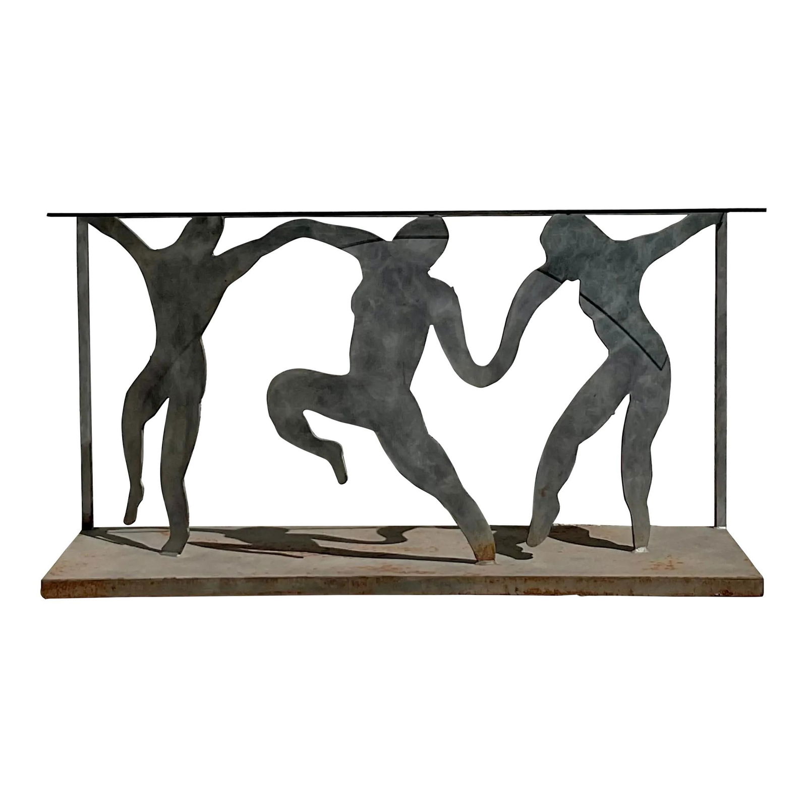 Vintage Postmodern Punch Cut Console Table with Glass Top: Vintage Postmodern Punch Cut Console Table with Glass Top This vintage postmodern console table is a striking blend of artistry and function, featuring a unique punch-cut metal silhouette design. With