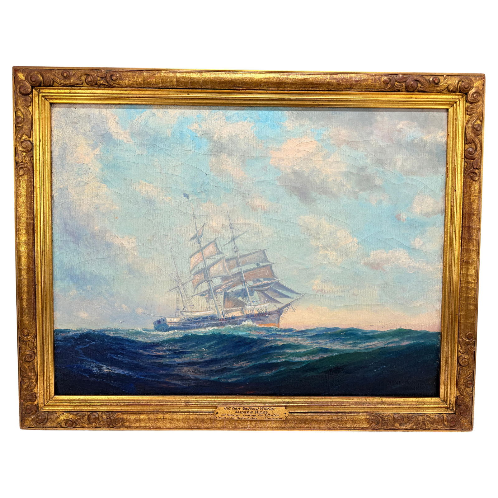 Frederick Leo Hunter 1929 Old New Bedford Whaler Andrew Hicks Oil Painting: Frederick Leo Hunter 1929 Old New Bedford Whaler Andrew Hicks Oil Painting This remarkable oil painting, titled "Old New Bedford Whaler - Andrew Hicks," is an exquisite maritime artwork from c. 1929,