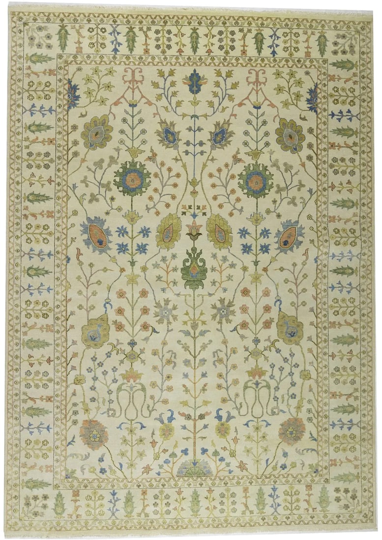 Hand-Knotted 10x14 ft Oushak Chobi Rug Wool Floral Design Modern Style: Hand-Knotted 10x14 ft Oushak Chobi Rug Wool Floral Design Modern Style This exquisite hand-knotted Oushak Chobi rug features muted colors in shades of ivory, blue, green, gold, brown, and gray. Crafte