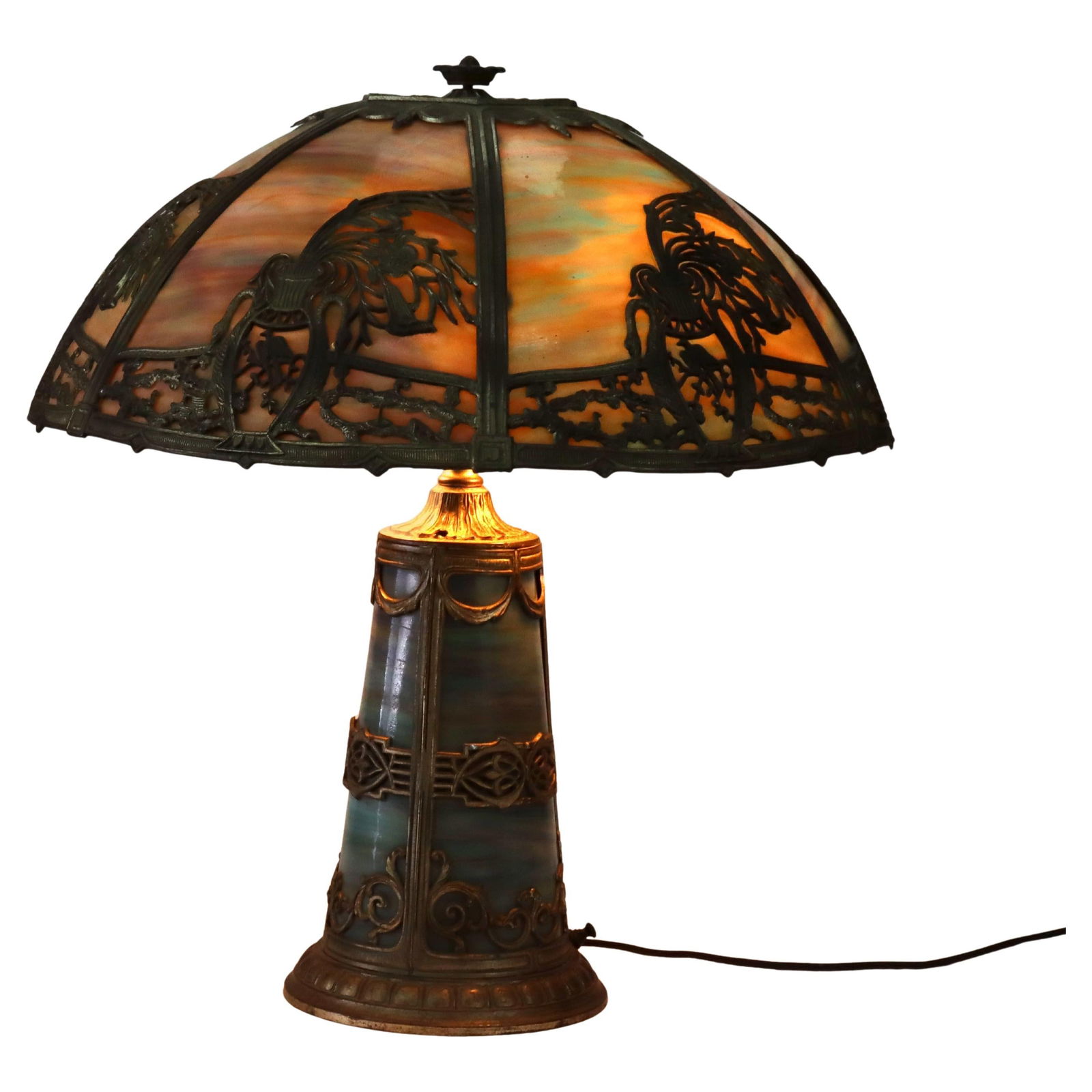 Antique Bradley & Hubbard Slag Glass Table Lamp C1920 6 Panel Lighted: Antique Bradley & Hubbard Slag Glass Table Lamp C1920 6 Panel Lighted Illuminate your space with this stunning Antique Bradley & Hubbard School Lighted Base Slag Glass Table Lamp, crafted circa 1920.