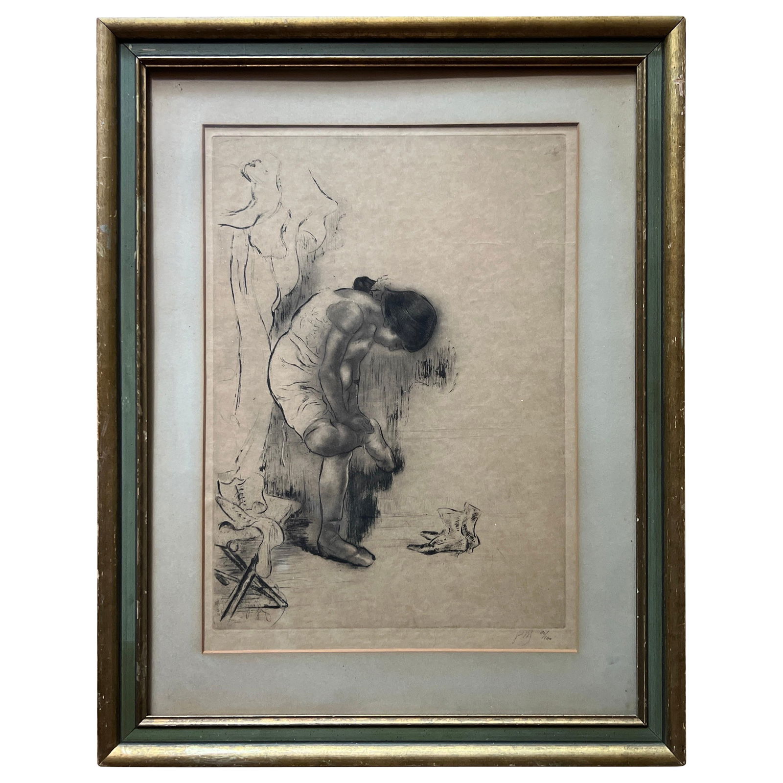 Louis Legrand Ballet Dancer Etching Circa 1908 Giltwood France: Louis Legrand Ballet Dancer Etching Circa 1908 Giltwood France Immerse yourself in the captivating world of art with the exquisite etching titled "Ballet Dancer" by the renowned French artist Louis Au