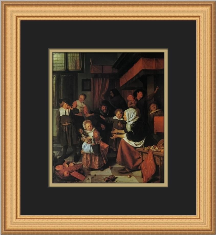 Jan Steen The Eve of Saint Nicholas Framed Print 14 x 13: Jan Steen The Eve of Saint Nicholas Framed Print 14 x 13 This custom framed print titled 'The Eve of Saint Nicholas' by Jan Steen captures the essence of expressionism, impressionism, and realism. Mea