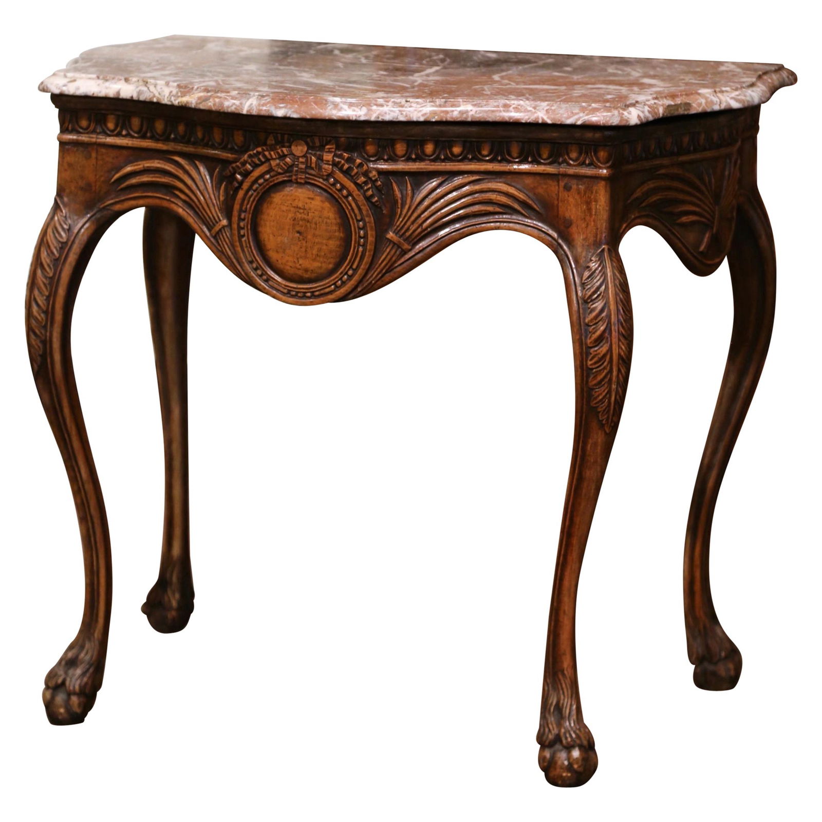 Antique 18th Century Louis XV Bombe Walnut Console Table with Marble Top: Antique 18th Century Louis XV Bombe Walnut Console Table with Marble Top This exquisite 18th Century French Louis XV console table elegantly combines functionality with artistry. Crafted in Southern F