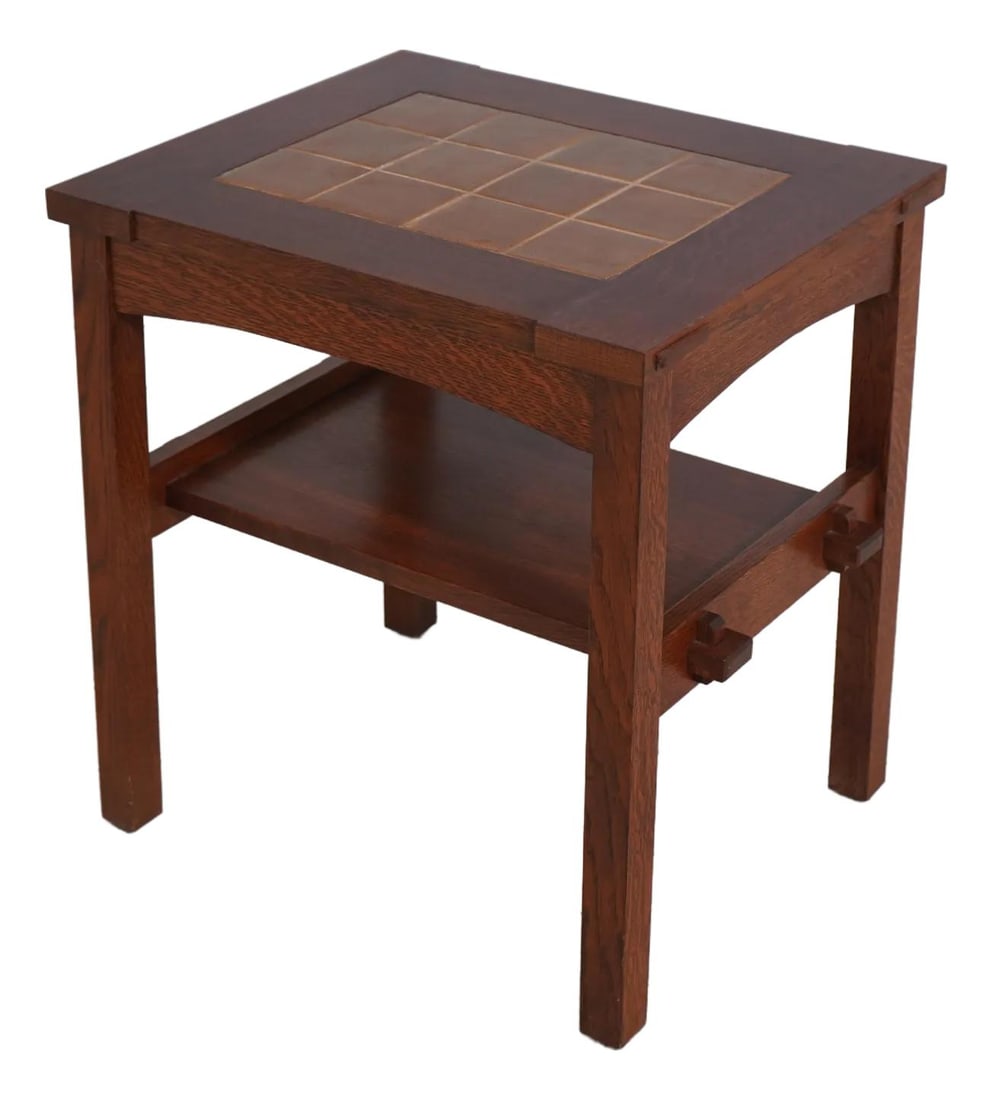 Stickley Arts & Crafts Oak Lamp Table with Tile Top: Stickley Arts & Crafts Oak Lamp Table with Tile Top This Stickley Tile Top Mission Oak Arts & Crafts Lamp Table, crafted around 2005, exemplifies high-quality construction and timeless design. Featuri