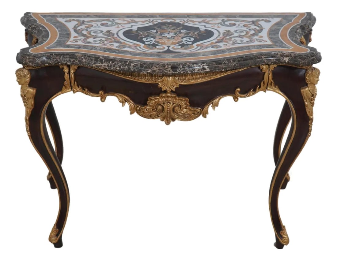 Elegant French Louis XV Console Table with Marble Top and Gold Gilt Accents: Elegant French Louis XV Console Table with Marble Top and Gold Gilt Accents This exquisite French Louis XV console table features a stunning inlaid marble top with fine carved details, showcasing qual