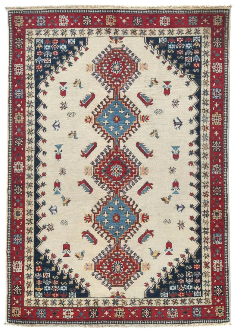 Handmade Kazak Oushak Geometric Wool Rug 4x6 ft Eco-Friendly: Handmade Kazak Oushak Geometric Wool Rug 4x6 ft Eco-Friendly Enhance your living space with this exquisite Handmade Kazak Oushak Rug featuring a striking geometric design. Crafted with care, this orig