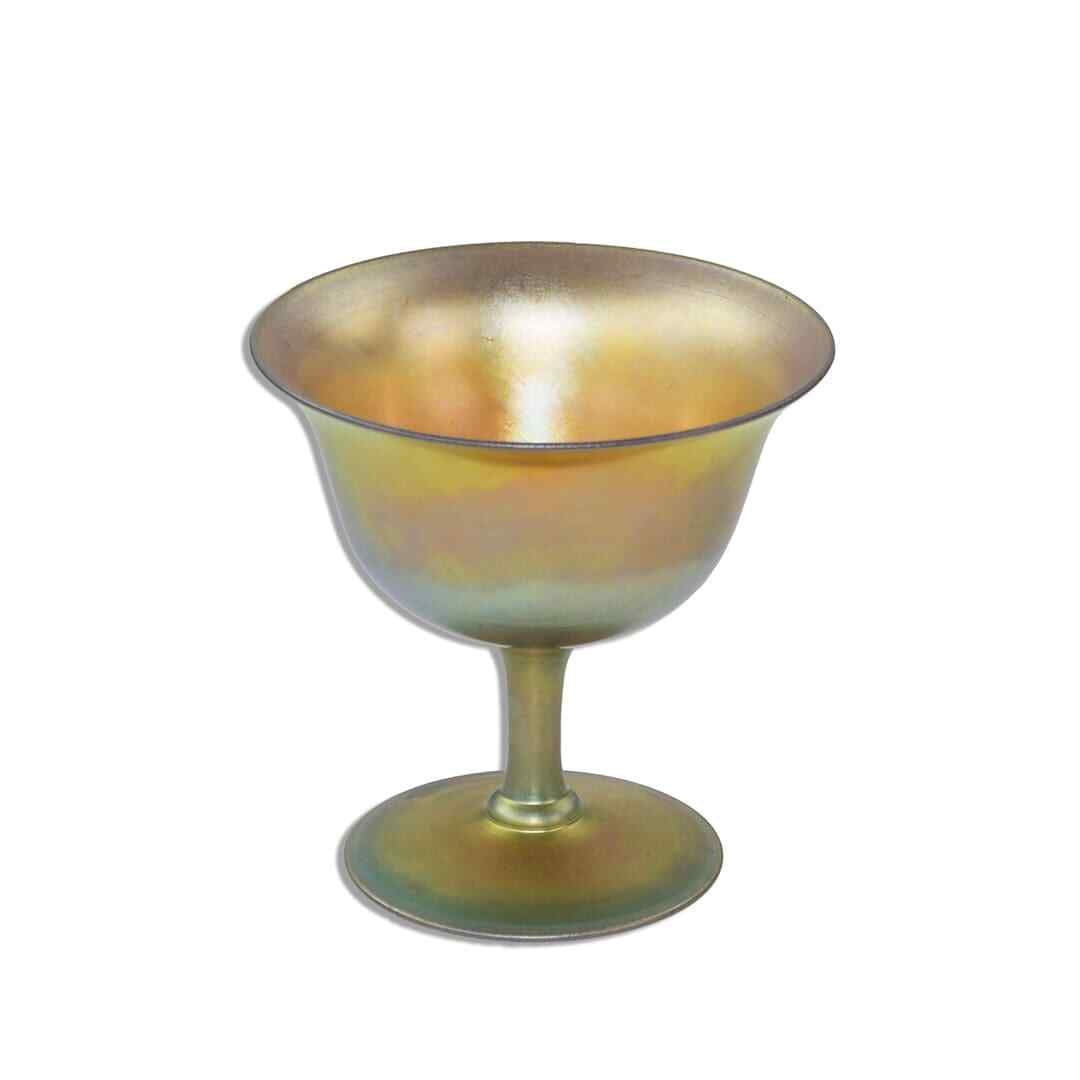 Steuben Gold Aurene Footed Sherbet 3.75in Signed Art Pottery: Steuben Gold Aurene Footed Sherbet 3.75in Signed Art Pottery This exquisite Steuben Gold Aurene Glass Footed Sherbet showcases the elegance of Art Pottery with its stunning gold iridescence. Standing