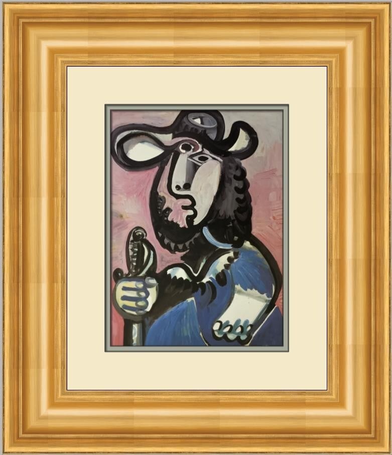 Pablo Picasso Musketeer with Sword Custom Framed Art Print 21 x 18: Pablo Picasso Musketeer with Sword Custom Framed Art Print 21 x 18 This exquisite custom framed print titled 'Musketeer with Sword' by Pablo Picasso showcases the artist's iconic surrealism style. Cre