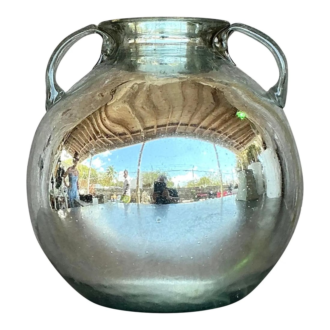 Vintage Boho Double-Handled Mercury Glass Vase: Vintage Boho Double-Handled Mercury Glass Vase Enhance your home decor with this striking vintage Boho mercury glass vase. This stunning piece features a double-handled amphora design and a beautifull
