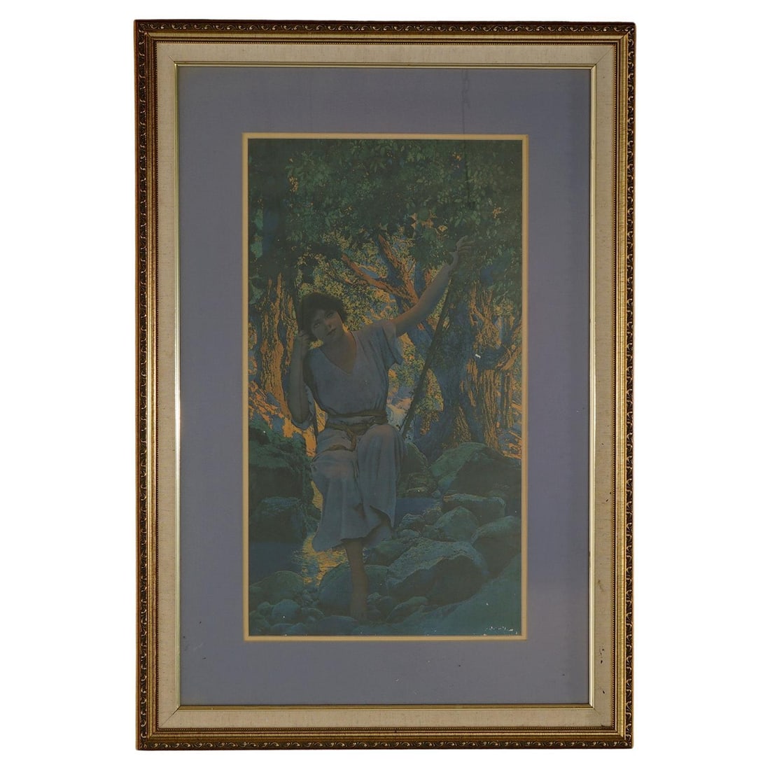 Maxfield Parrish Dream Light Art Deco Calendar Top c1920 Framed: Maxfield Parrish Dream Light Art Deco Calendar Top c1920 Framed This stunning large Art Deco calendar top titled 'Dream Light' is a remarkable piece by Maxfield Parrish, crafted circa 1920 for Edison