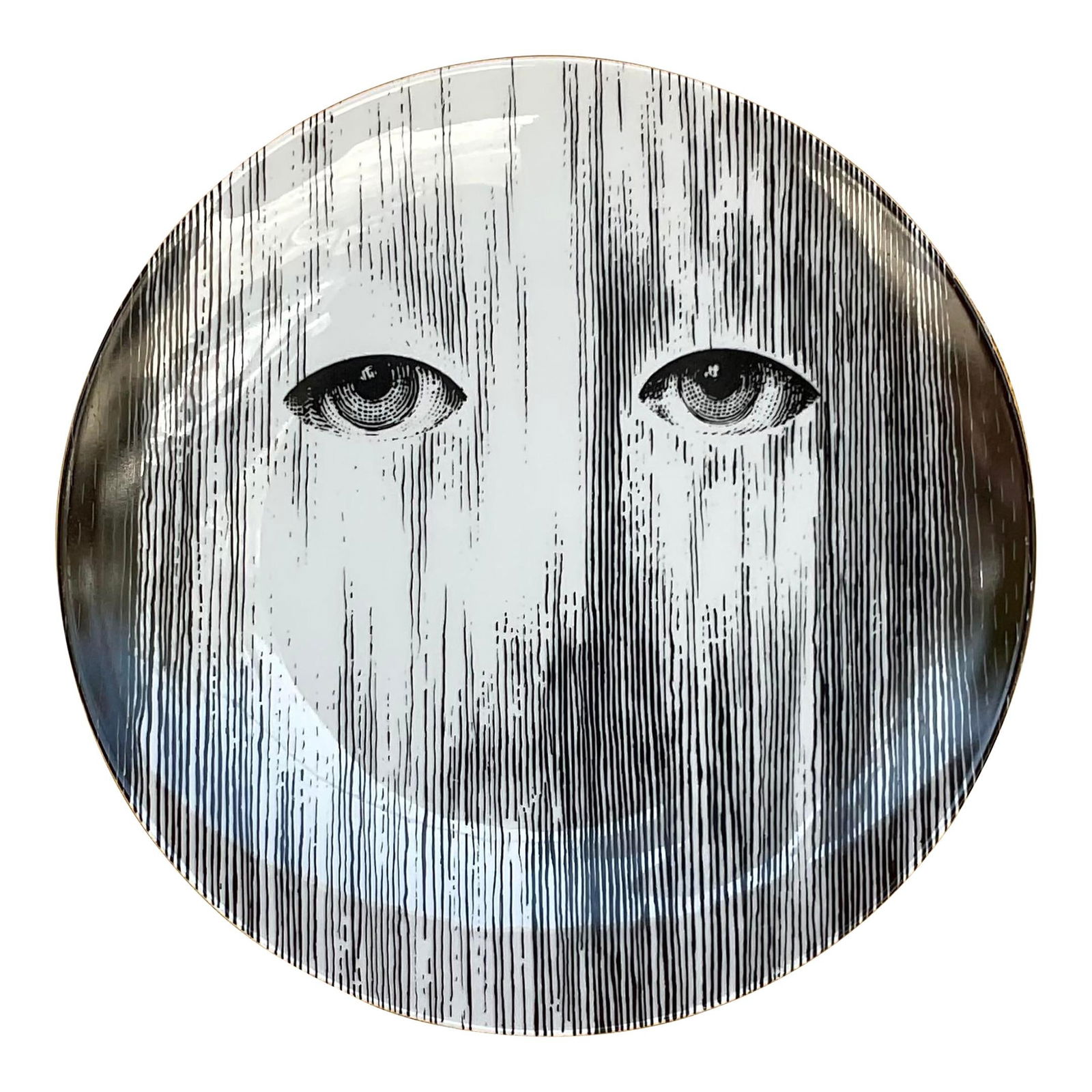 Vintage Fornasetti Signed Ceramic Face Plate 10.25" Black: Vintage Fornasetti Signed Ceramic Face Plate 10.25" Black Enhance your home decor with this vintage signed Fornasetti face plate, showcasing a harmonious blend of Italian artistry and distinctive desi