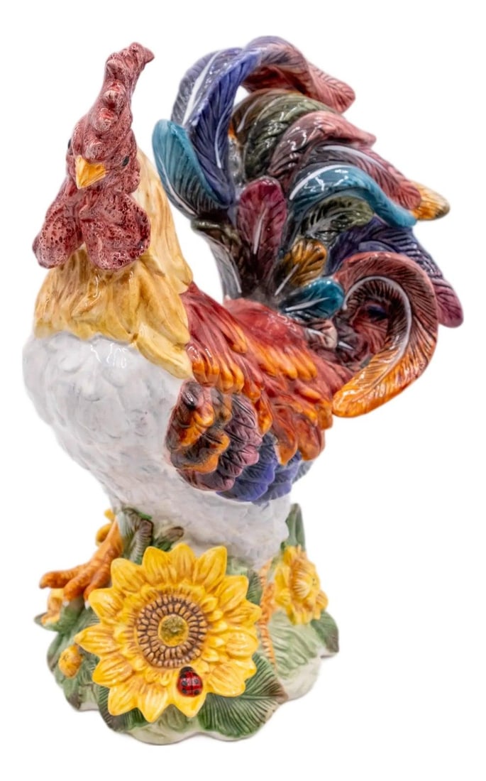 J Willfred Majolica Hand Painted Ceramic Rooster 1980s: J Willfred Majolica Hand Painted Ceramic Rooster 1980s This stunning life-size Majolica ceramic rooster is hand painted with vibrant colors and floral details, making it an impressive decorative piece