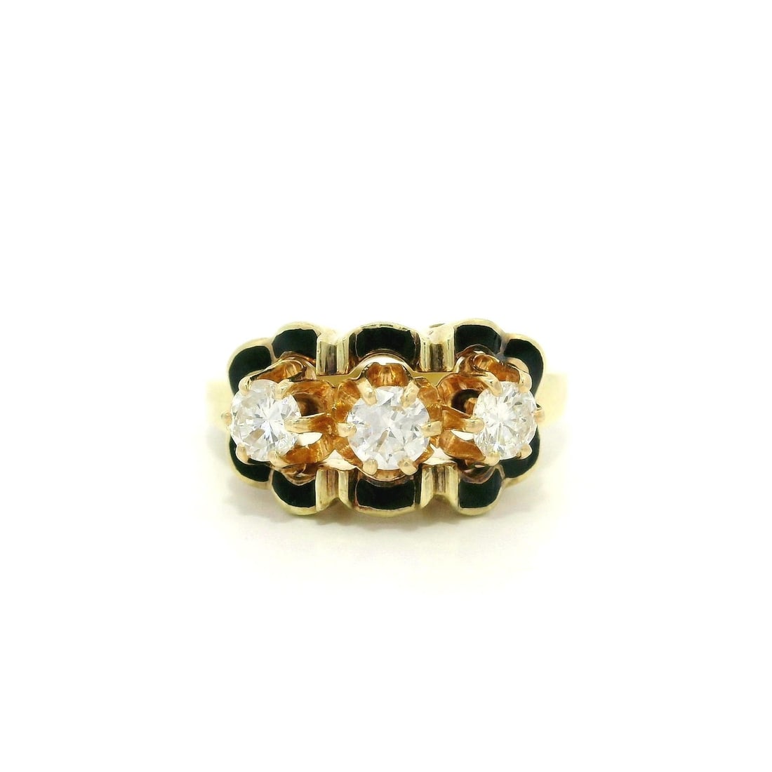 Vintage Mid Century 0.60ct Diamond 3 Stone Yellow Gold Ring with Black Enamel: Vintage Mid Century 0.60ct Diamond 3 Stone Yellow Gold Ring with Black Enamel This exquisite vintage mid-century ring features a striking design with three natural genuine diamonds, each boasting a br