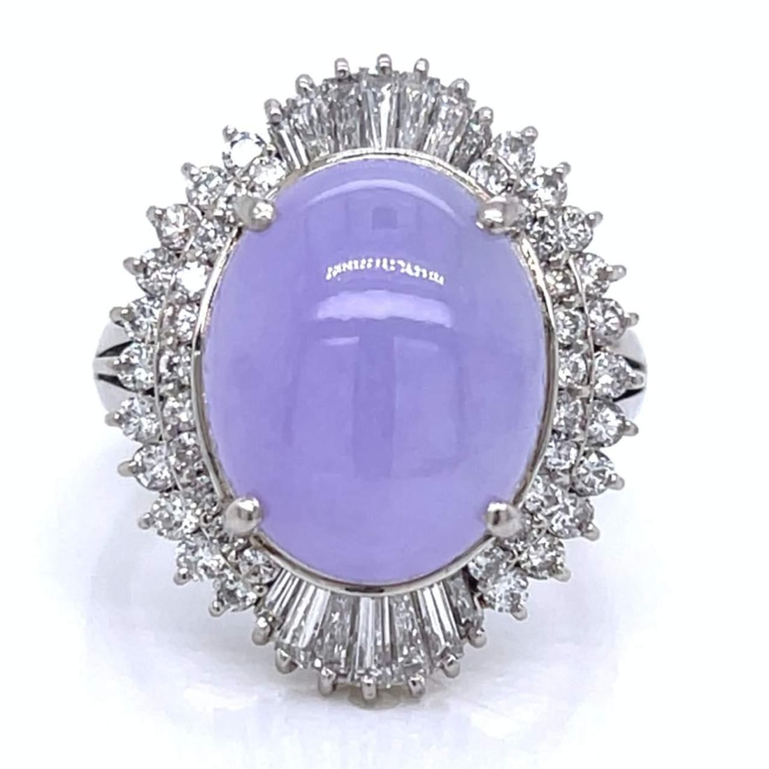 Platinum Lavender Jade Diamond Ring 10.00 Ct 1.40 Ct Diamonds: Platinum Lavender Jade Diamond Ring 10.00 Ct 1.40 Ct Diamonds This stunning Platinum Lavender Jade & Diamond Ring features a remarkable design accentuated by approximately 10.00 Ct. of exquisite laven