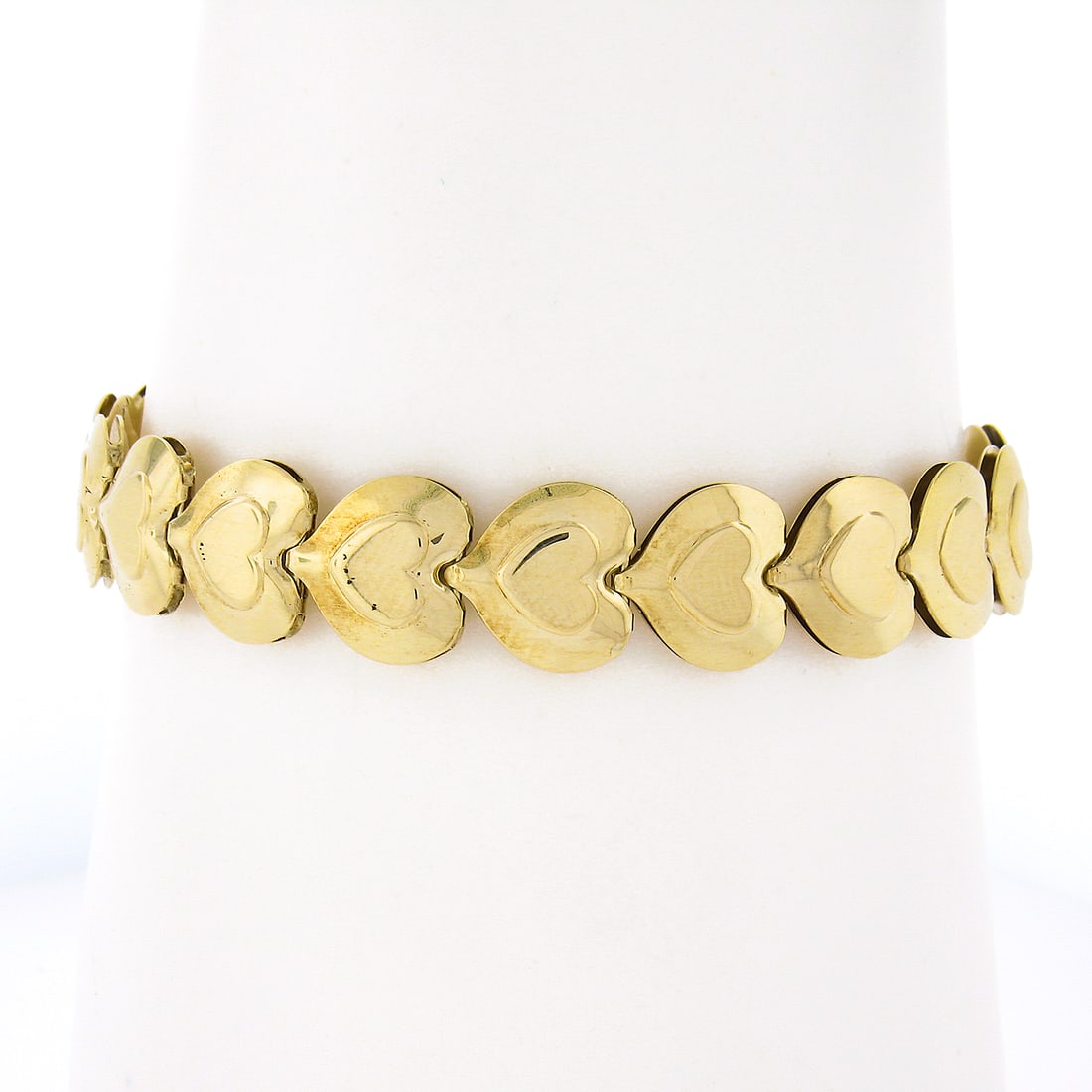 Elegant 14K Yellow Gold Dual Sided Heart Link Bracelet 6.5in: Elegant 14K Yellow Gold Dual Sided Heart Link Bracelet 6.5in This exquisite 14K Yellow Gold Chain Bracelet features a unique dual-sided polished heart link design, crafted for both elegance and comfor