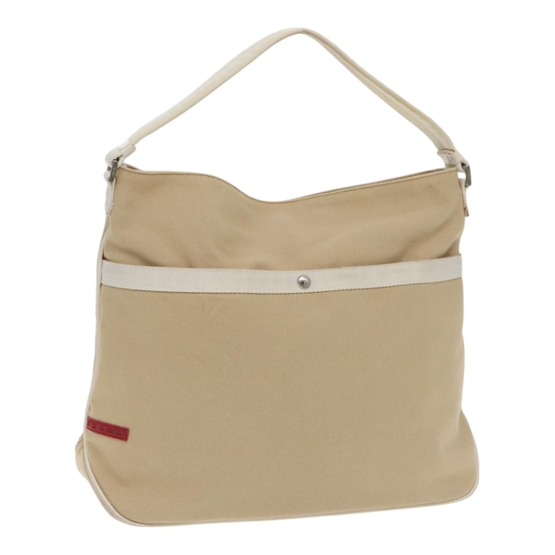 PRADA Beige White Silver Canvas Hand Bag Made in Italy: PRADA Beige White Silver Canvas Hand Bag Made in Italy This stylish PRADA hand bag combines elegance and functionality, made from durable canvas in a sophisticated beige, white, and silver color palet
