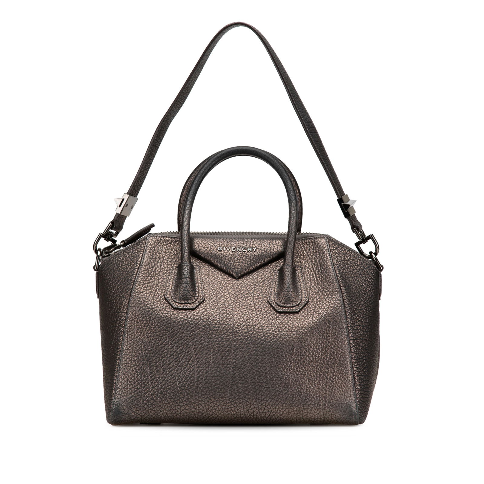 Givenchy Medium Antigona Satchel Brown Metallic Grained Leather: Givenchy Medium Antigona Satchel Brown Metallic Grained Leather This Givenchy Medium Metallic Grained Calfskin Antigona Satchel showcases a sophisticated leather construction with a luxurious metallic