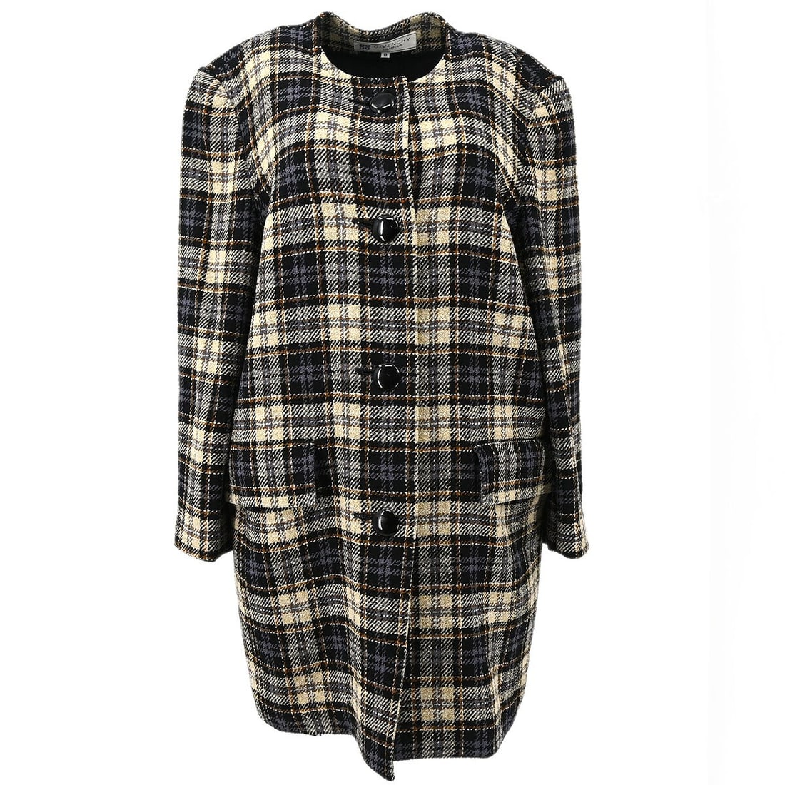 Vintage Givenchy Black Wool Blend Long Coat Size 13: Vintage Givenchy Black Wool Blend Long Coat Size 13 This elegant Givenchy coat features a classic black design perfect for winter wear. Made from a blend of 90% wool and 10% nylon, it ensures warmth a