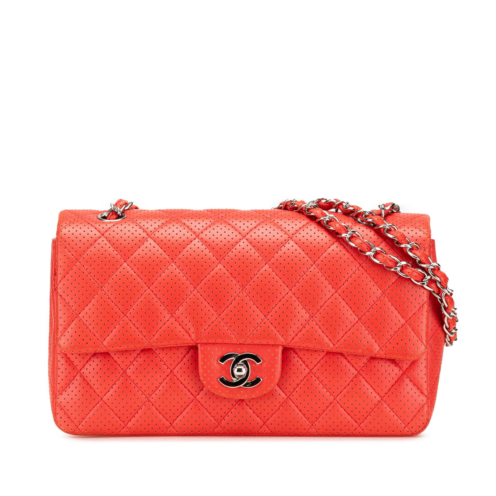 Chanel Medium Classic Perforated Lambskin Flap Bag Red Leather: Chanel Medium Classic Perforated Lambskin Flap Bag Red Leather Elevate your style with this Chanel Medium Classic Perforated Lambskin Single Flap shoulder bag. Crafted from luxurious quilted perforate