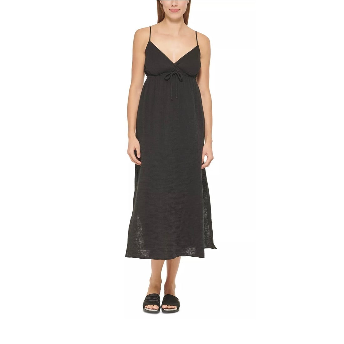 DKNY Black V-Neck Tie Maxi Dress Cover Up Women's M: DKNY Black V-Neck Tie Maxi Dress Cover Up Women's M Elevate your beachwear with this stylish DKNY V-Neck Front Tie Maxi Dress Cover Up. Designed for a chic look, this floor-length cover-up features a