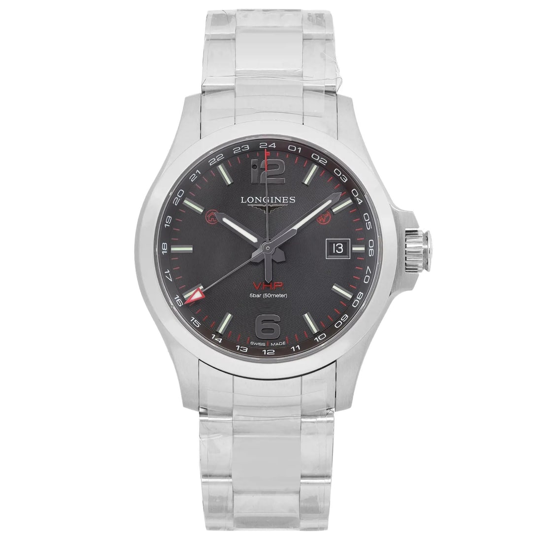 Longines Conquest V.H.P. GMT 43mm Black Dial Quartz Watch L3.728.4.56.6 Swiss Made: Longines Conquest V.H.P. GMT 43mm Black Dial Quartz Watch L3.728.4.56.6 Swiss Made Experience timeless elegance with the Longines Conquest V.H.P. GMT wristwatch, featuring a sophisticated black dial a