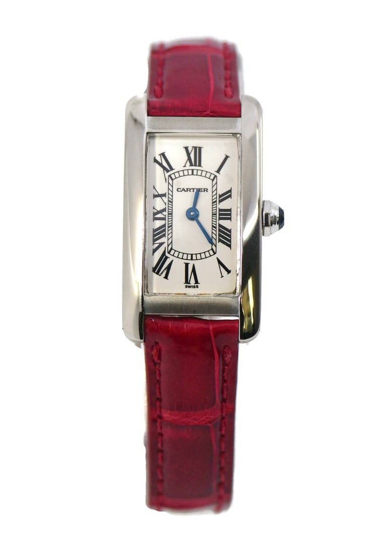 Cartier Tank American 18K White Gold Watch W2601956 Red Leather Band: Cartier Tank American 18K White Gold Watch W2601956 Red Leather Band This exquisite Cartier Tank American wristwatch is crafted from 18K white gold, embodying elegance and sophistication. The watch fe