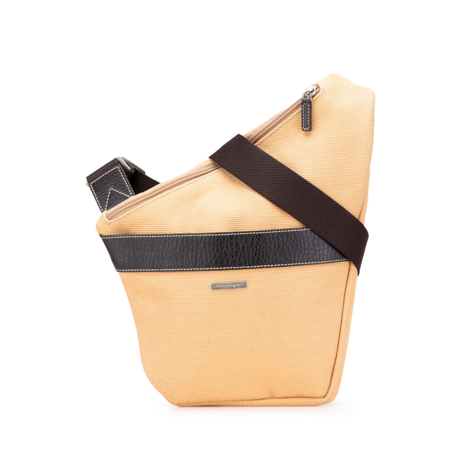 Ferragamo Brown Canvas Sling Bag with Leather Trim: Ferragamo Brown Canvas Sling Bag with Leather Trim Discover the Ferragamo Canvas Sling Bag, a stylish and practical accessory that combines functionality with elegance. This crossbody bag is crafted f