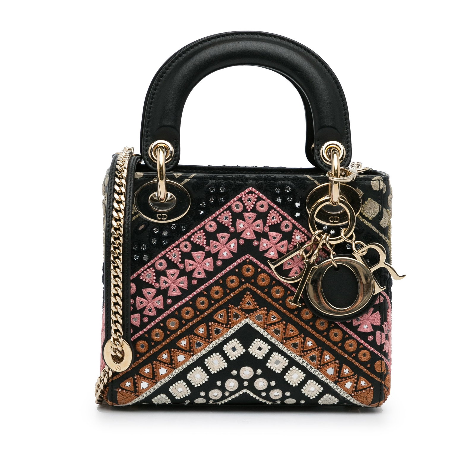 Dior Mini Calfskin Embroidered Lady Dior Handbag Black Leather: Dior Mini Calfskin Embroidered Lady Dior Handbag Black Leather Introducing the Mini Calfskin Embroidered Lady Dior, a sophisticated handbag that blends style and functionality. This exquisite piece fe