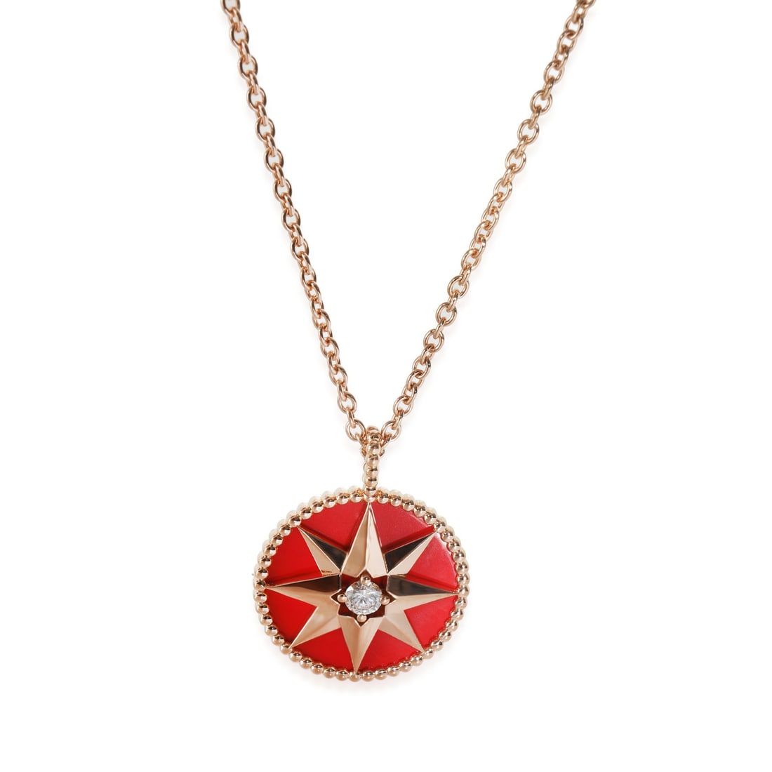 Christian Dior 18k Rose Gold Diamond Pendant Medium Model Rose Des Vents: Christian Dior 18k Rose Gold Diamond Pendant Medium Model Rose Des Vents This exquisite Christian Dior pendant features a round brilliant diamond set in elegant 18k rose gold, showcasing a beautiful p