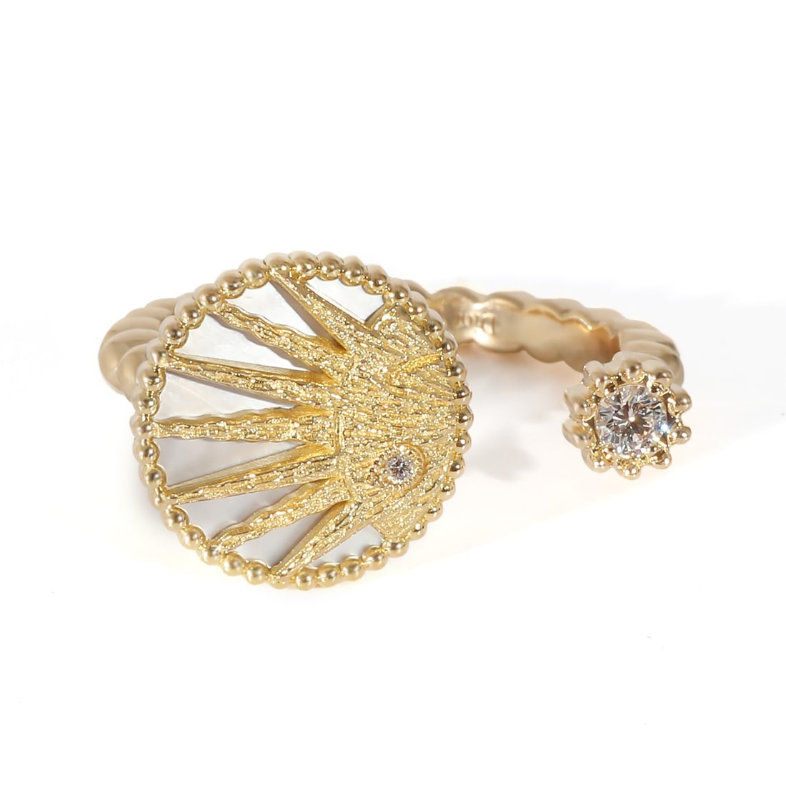 Christian Dior Rose Celeste 18K Yellow Gold Open Ring 0.06 CTW: Christian Dior Rose Celeste 18K Yellow Gold Open Ring 0.06 CTW Introducing the exquisite Dior Rose Celeste Open Ring, a stunning piece crafted from 18K yellow gold. This elegant ring features a total 